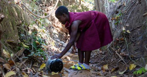 A young girl bends down to collect water from a running stream.