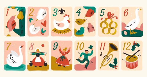 An illustration of each of the gifts in “The Twelve Days of Christmas.”