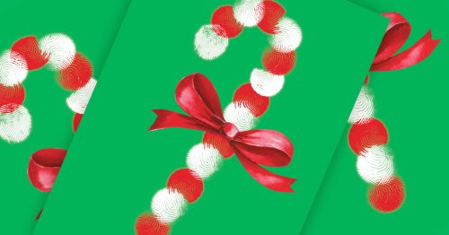 A fingerprint candy cane painted on green paper.