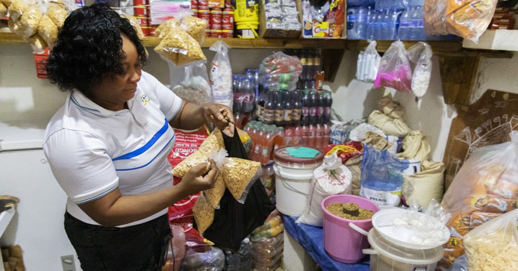 Anise, a shopkeeper, bags groceries for a customer.