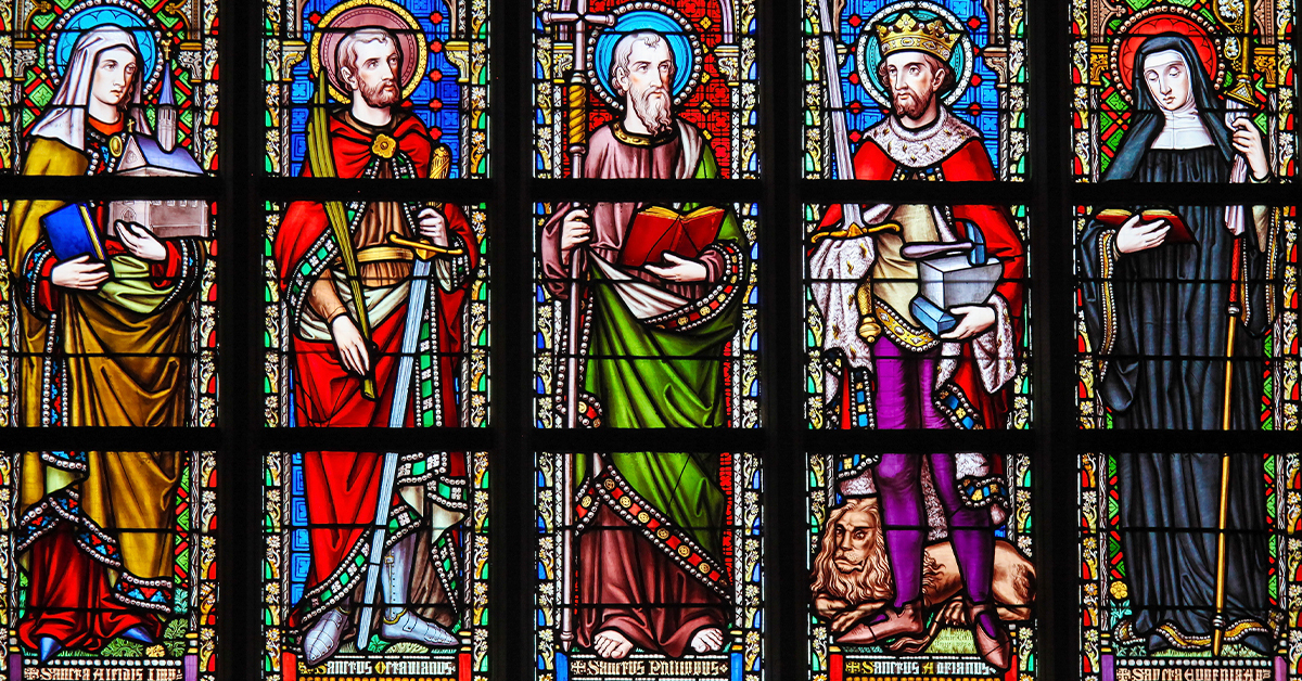 Saints Emilius, Joanna, Eugene, Agnes and Augustine in stained glass at the Church of Our Lady of Victories at the Sablon.