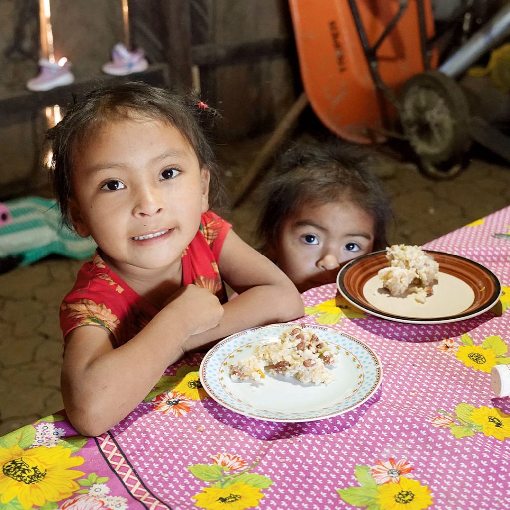 Dos niñas están sentadas a la mesa, posando con dos platos de comida Vitafood preparada con arroz y frijoles.